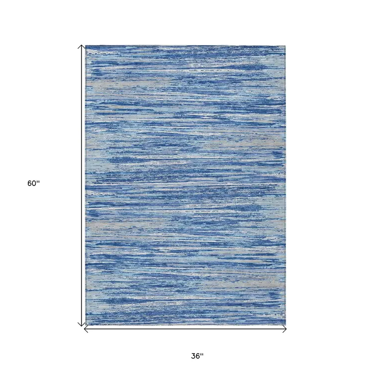 3' X 5' Blue Gray And Ivory Striped Washable Indoor Outdoor Area Rug