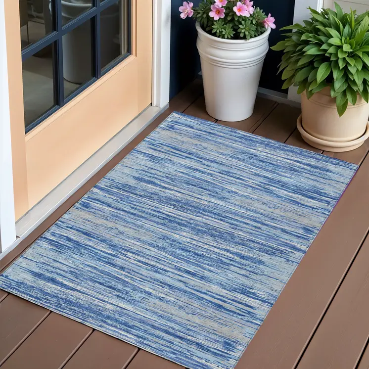 3' X 5' Blue Gray And Ivory Striped Washable Indoor Outdoor Area Rug