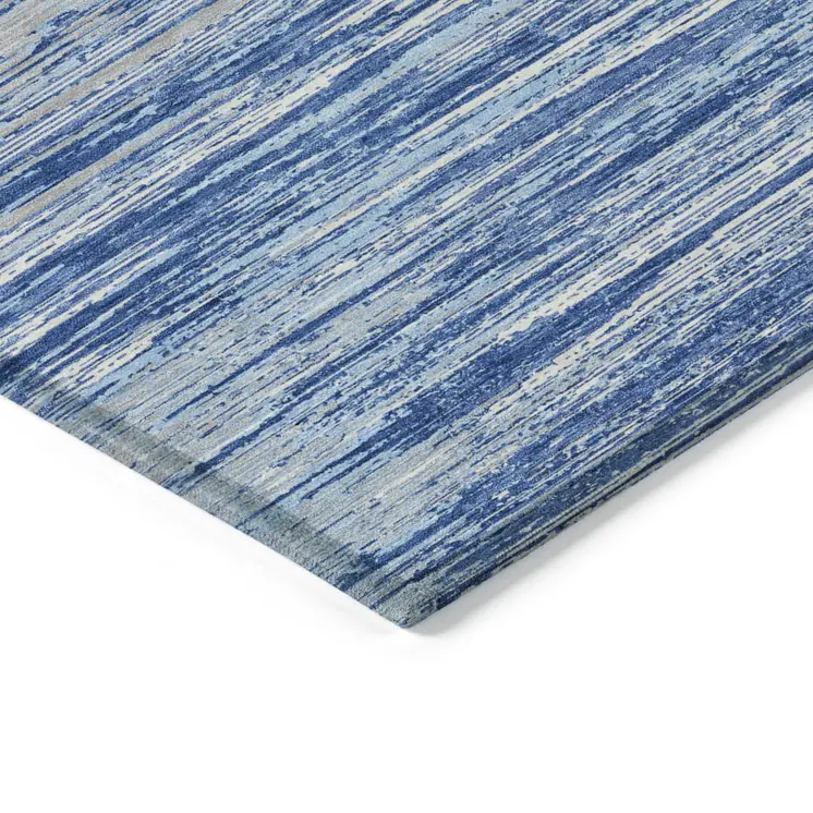 3' X 5' Blue Gray And Ivory Striped Washable Indoor Outdoor Area Rug
