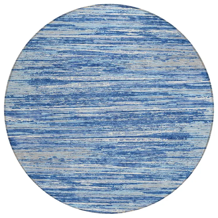 8' Blue Gray And Ivory Round Striped Washable Indoor Outdoor Area Rug