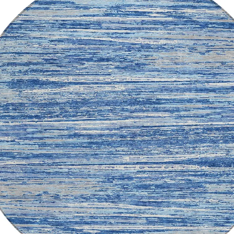 8' Blue Gray And Ivory Round Striped Washable Indoor Outdoor Area Rug