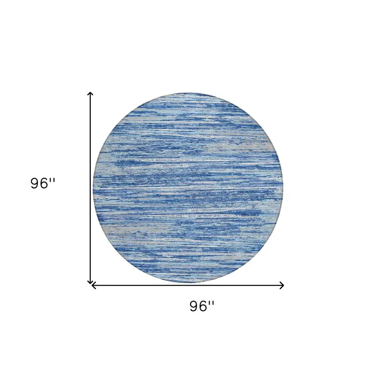 8' Blue Gray And Ivory Round Striped Washable Indoor Outdoor Area Rug
