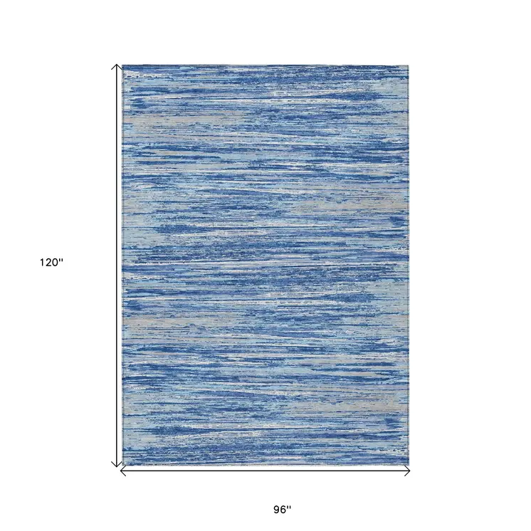 8' X 10' Blue Gray And Ivory Striped Washable Indoor Outdoor Area Rug