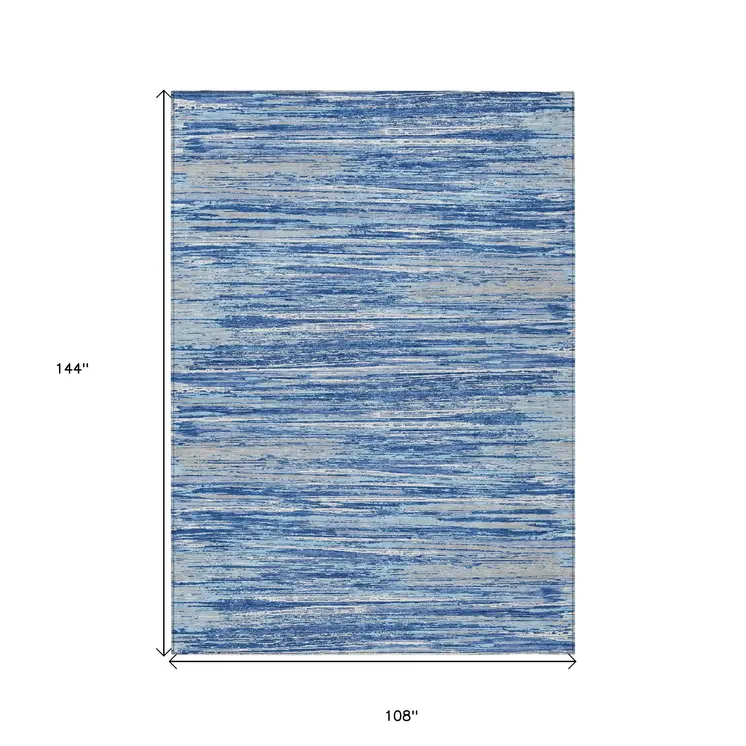 9' X 12' Blue Gray And Ivory Striped Washable Indoor Outdoor Area Rug