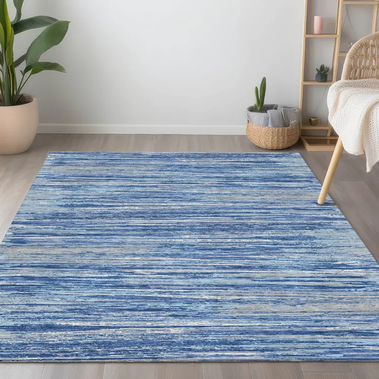 9' X 12' Blue Gray And Ivory Striped Washable Indoor Outdoor Area Rug