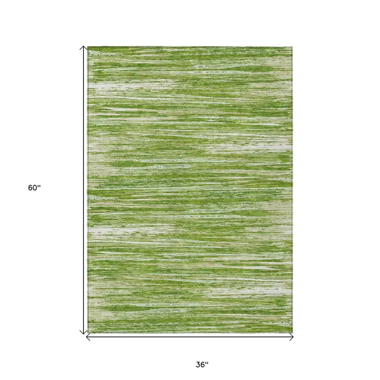 3' X 5' Green And Ivory Striped Washable Indoor Outdoor Area Rug