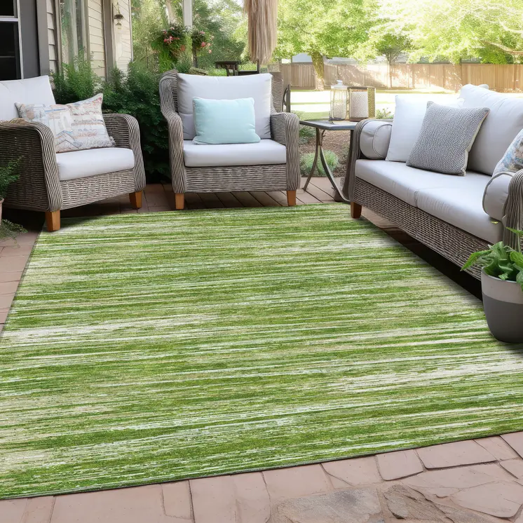 3' X 5' Green And Ivory Striped Washable Indoor Outdoor Area Rug
