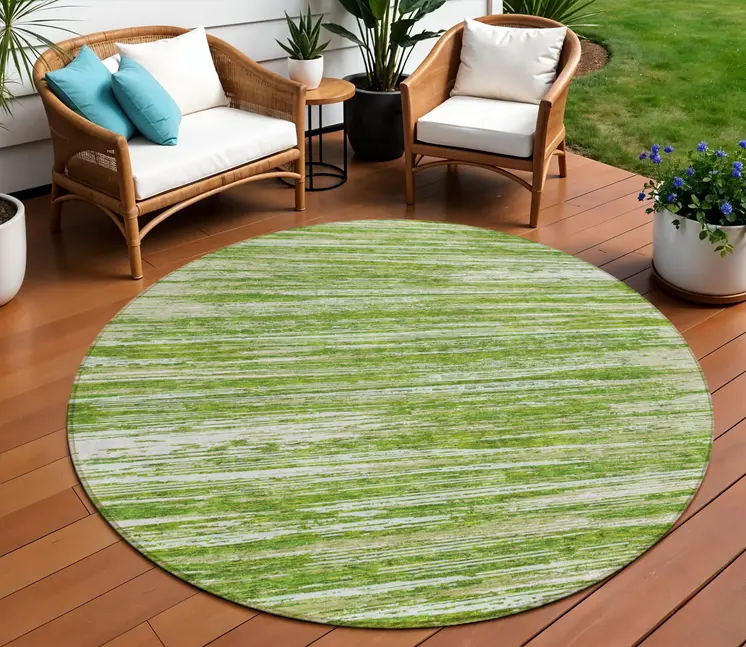 8' Green And Ivory Round Striped Washable Indoor Outdoor Area Rug