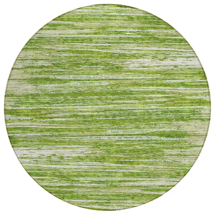 8' Green And Ivory Round Striped Washable Indoor Outdoor Area Rug