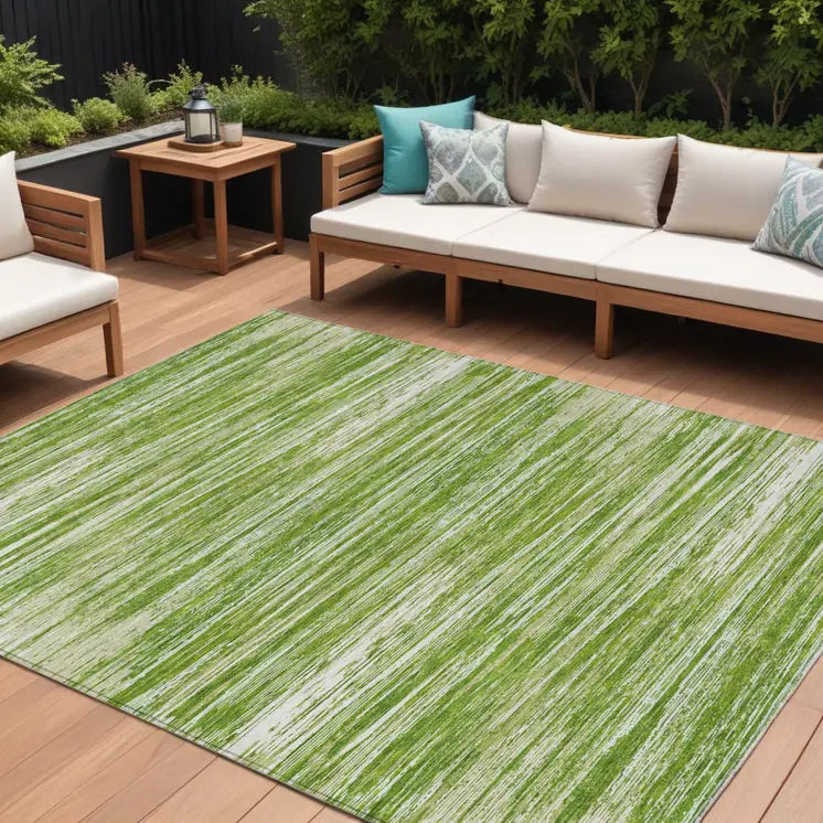 10' X 14' Green And Ivory Striped Washable Indoor Outdoor Area Rug