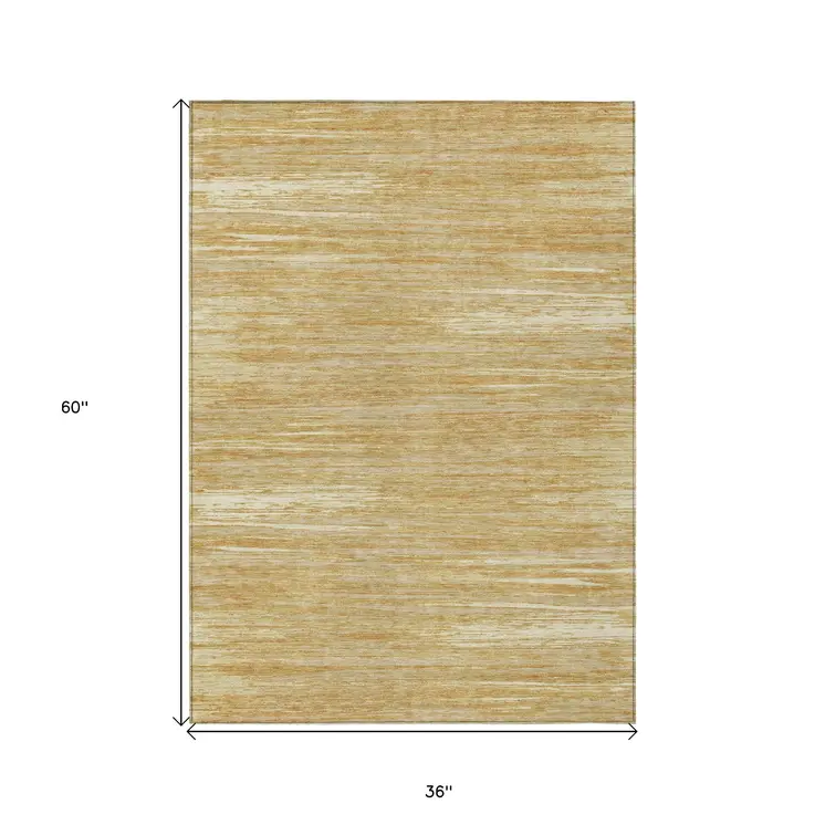 3' X 5' Gold Gray And Ivory Striped Washable Indoor Outdoor Area Rug