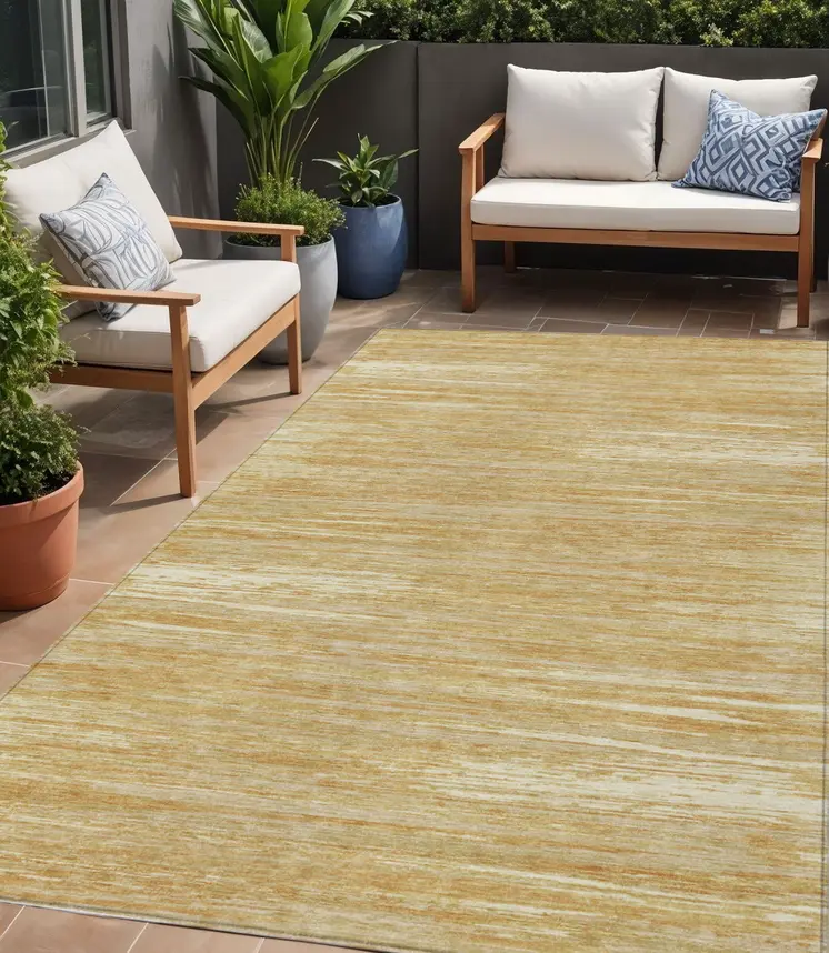 5' X 8' Gold Gray And Ivory Striped Washable Indoor Outdoor Area Rug