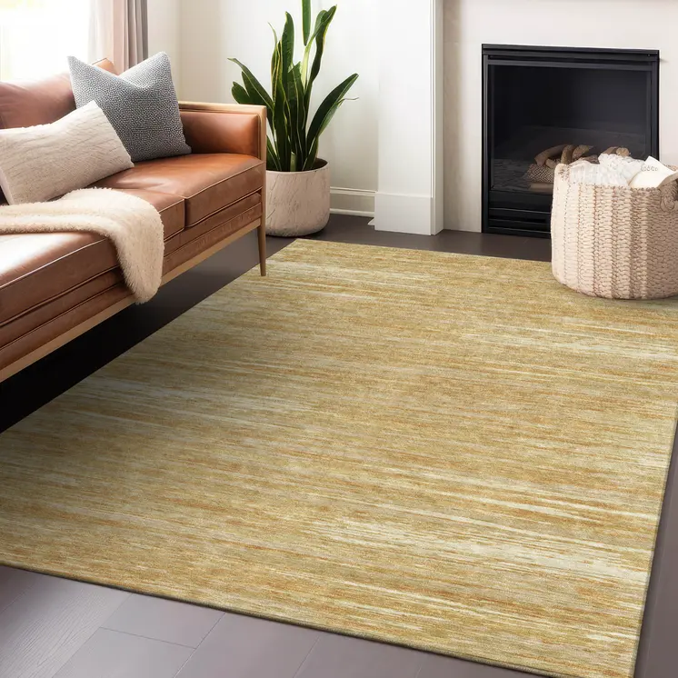 5' X 8' Gold Gray And Ivory Striped Washable Indoor Outdoor Area Rug
