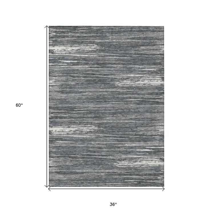 3' X 5' Gray And Ivory Striped Washable Indoor Outdoor Area Rug
