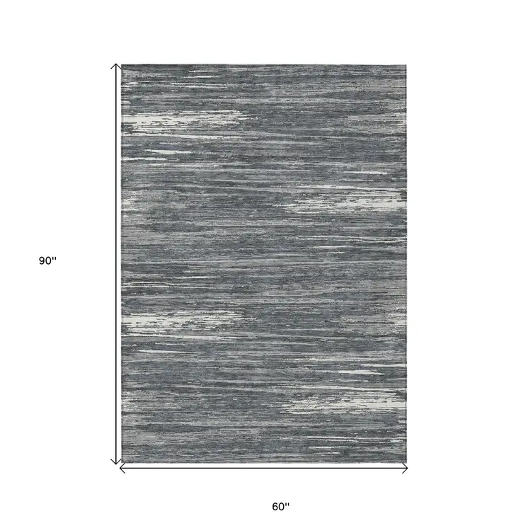 5' X 8' Gray And Ivory Striped Washable Indoor Outdoor Area Rug