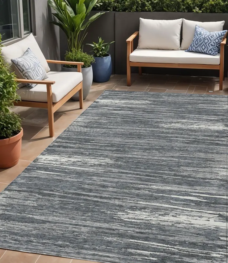 5' X 8' Gray And Ivory Striped Washable Indoor Outdoor Area Rug
