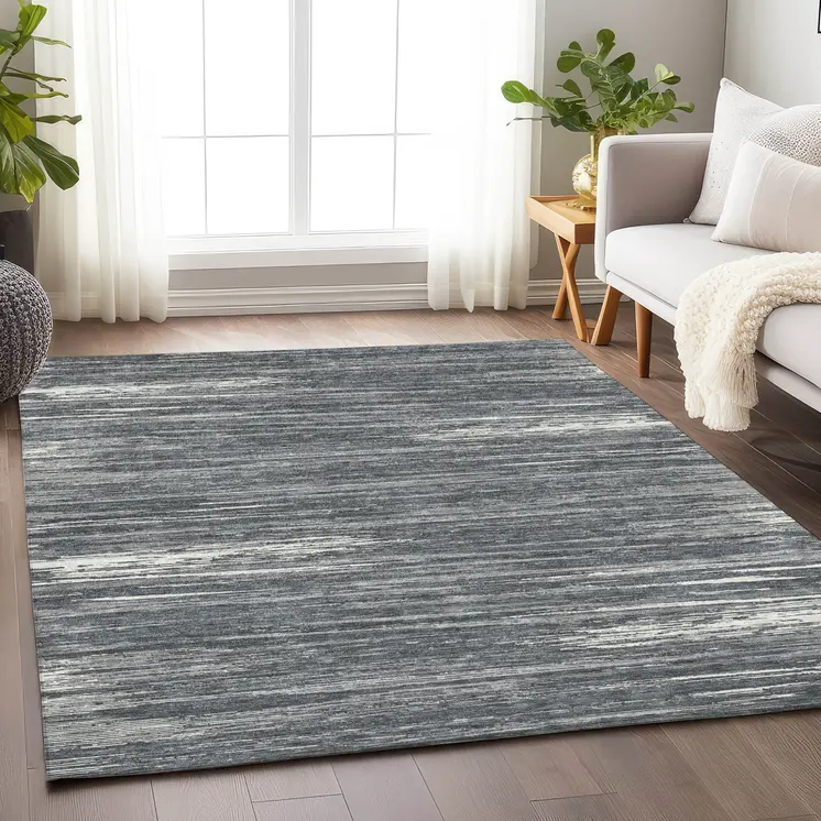 5' X 8' Gray And Ivory Striped Washable Indoor Outdoor Area Rug