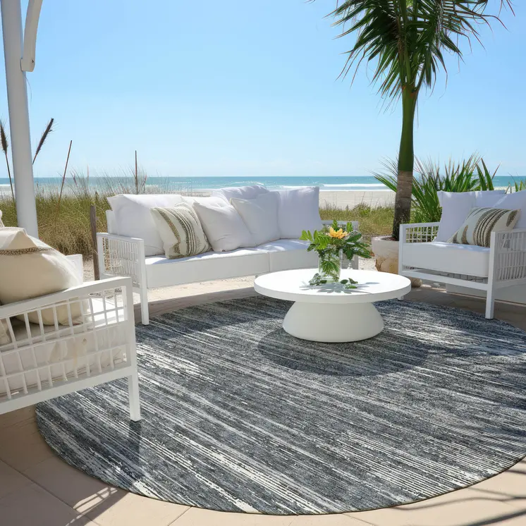 8' Gray And Ivory Round Striped Washable Indoor Outdoor Area Rug