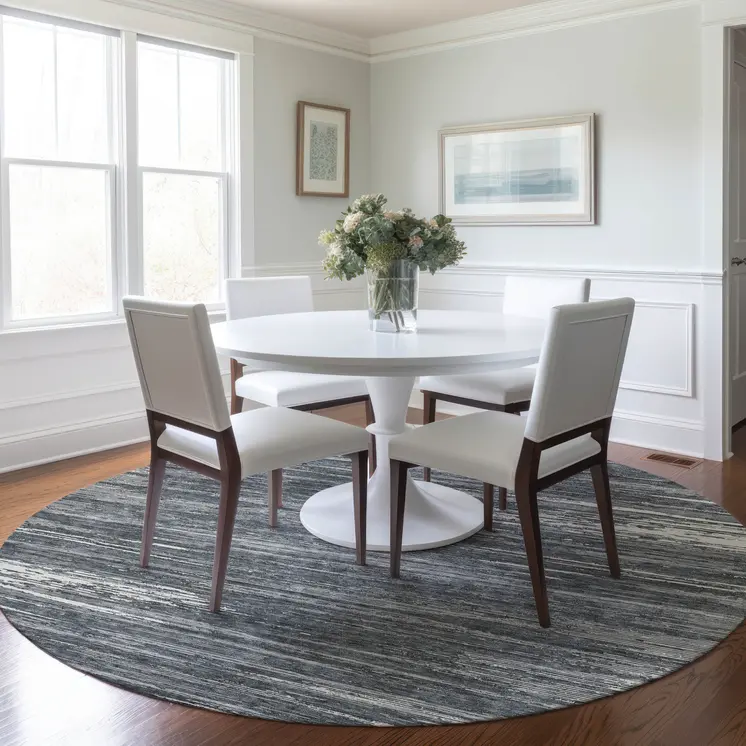 8' Gray And Ivory Round Striped Washable Indoor Outdoor Area Rug