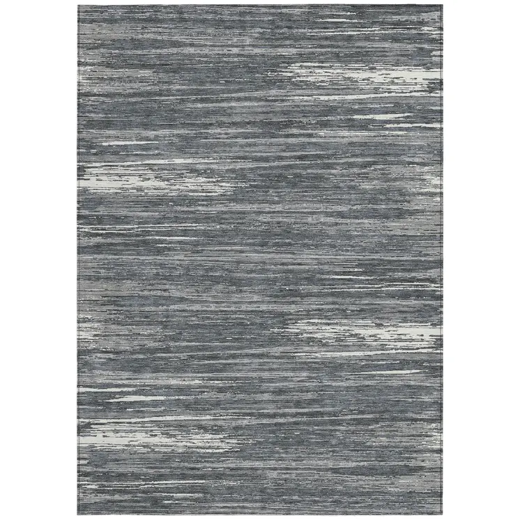 9' X 12' Gray And Ivory Striped Washable Indoor Outdoor Area Rug
