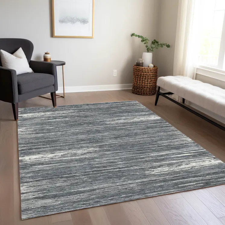 9' X 12' Gray And Ivory Striped Washable Indoor Outdoor Area Rug