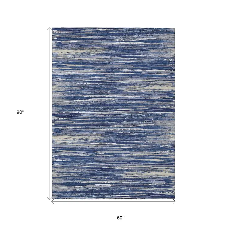 5' X 8' Navy Blue And Ivory Striped Washable Indoor Outdoor Area Rug