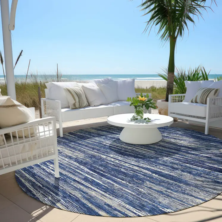 8' Navy Blue And Ivory Round Striped Washable Indoor Outdoor Area Rug
