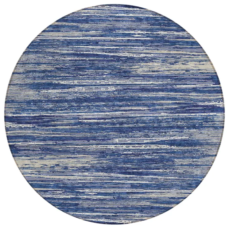 8' Navy Blue And Ivory Round Striped Washable Indoor Outdoor Area Rug