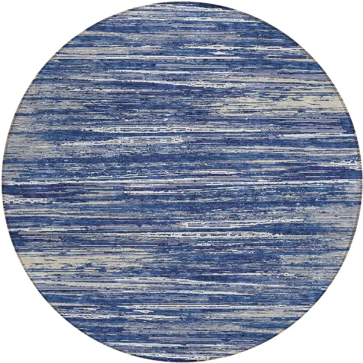 8' Navy Blue And Ivory Round Striped Washable Indoor Outdoor Area Rug