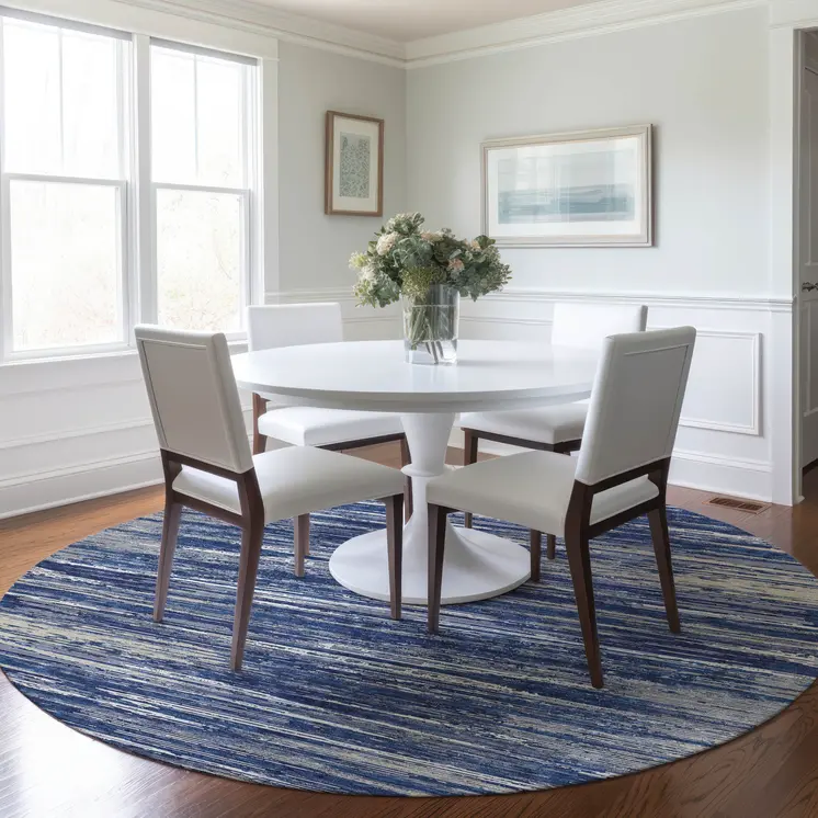 8' Navy Blue And Ivory Round Striped Washable Indoor Outdoor Area Rug