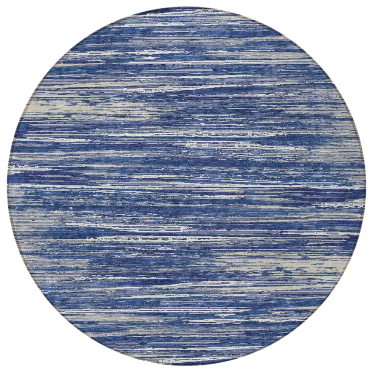 8' Navy Blue And Ivory Round Striped Washable Indoor Outdoor Area Rug