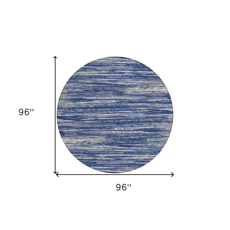 8' Navy Blue And Ivory Round Striped Washable Indoor Outdoor Area Rug