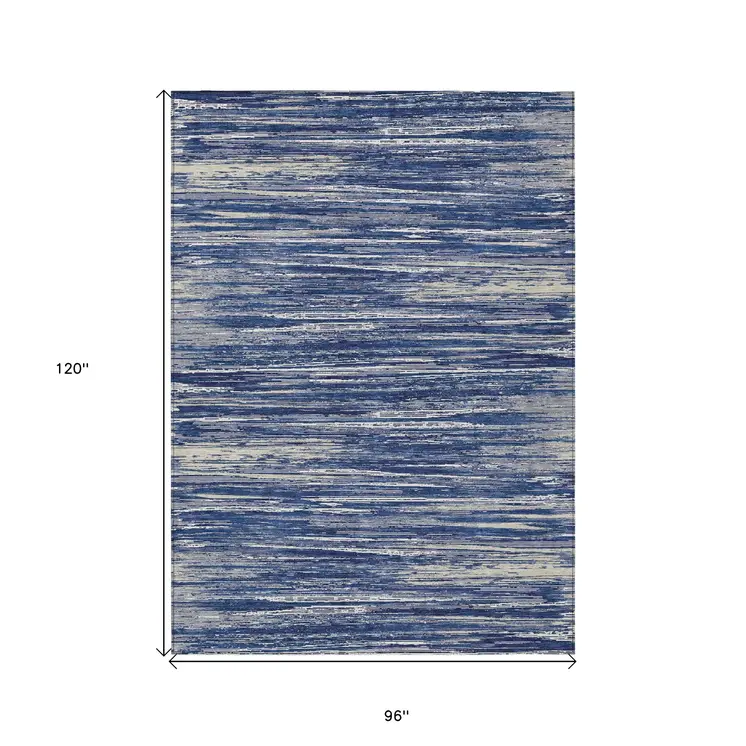 8' X 10' Navy Blue And Ivory Striped Washable Indoor Outdoor Area Rug
