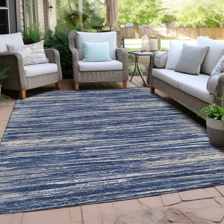 8' X 10' Navy Blue And Ivory Striped Washable Indoor Outdoor Area Rug