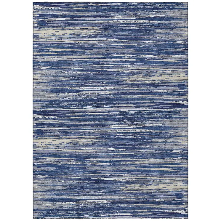 8' X 10' Navy Blue And Ivory Striped Washable Indoor Outdoor Area Rug