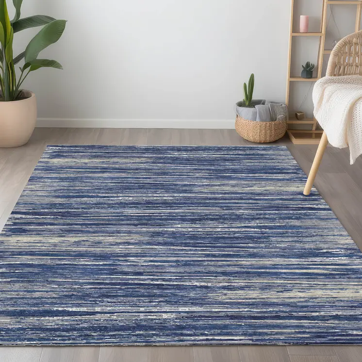 8' X 10' Navy Blue And Ivory Striped Washable Indoor Outdoor Area Rug