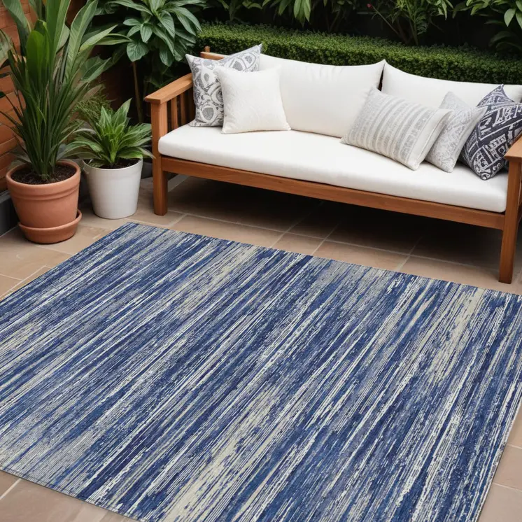 10' X 14' Navy Blue And Ivory Striped Washable Indoor Outdoor Area Rug
