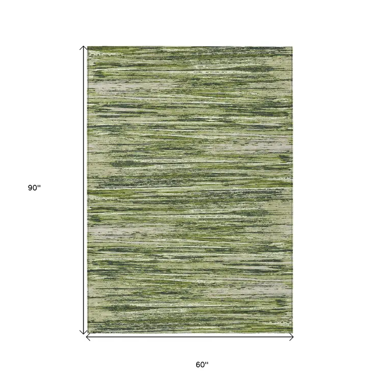 5' X 8' Olive Green And Ivory Striped Washable Indoor Outdoor Area Rug