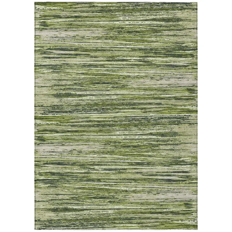 5' X 8' Olive Green And Ivory Striped Washable Indoor Outdoor Area Rug