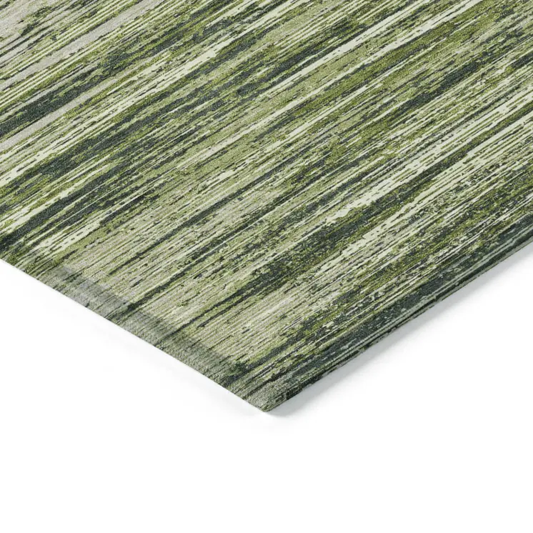 5' X 8' Olive Green And Ivory Striped Washable Indoor Outdoor Area Rug