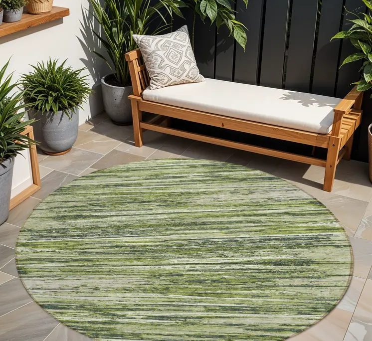 8' Olive Green And Ivory Round Striped Washable Indoor Outdoor Area Rug