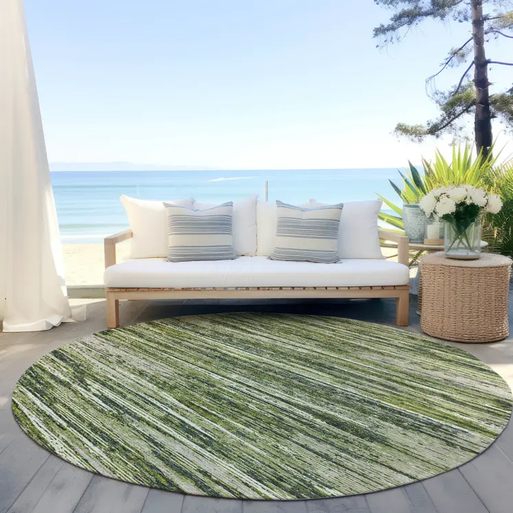 8' Olive Green And Ivory Round Striped Washable Indoor Outdoor Area Rug