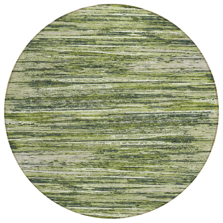 8' Olive Green And Ivory Round Striped Washable Indoor Outdoor Area Rug