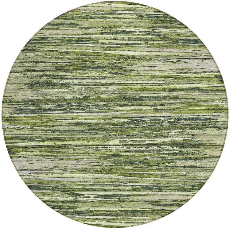 8' Olive Green And Ivory Round Striped Washable Indoor Outdoor Area Rug