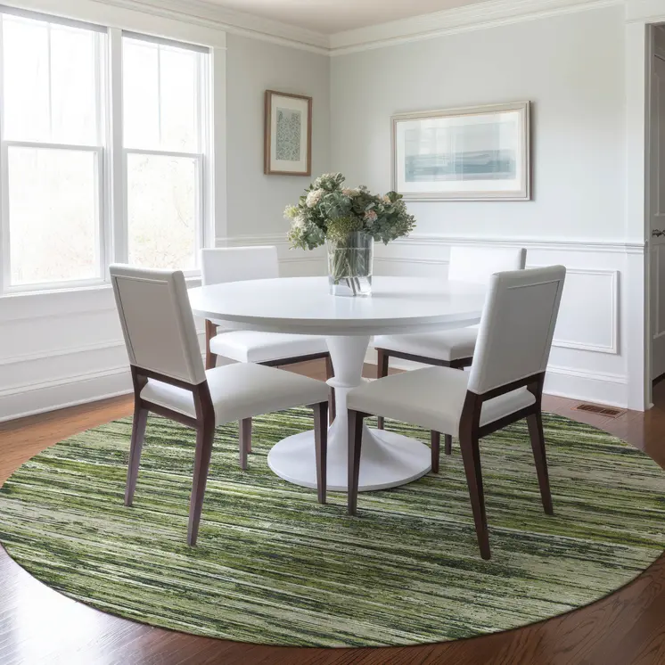 8' Olive Green And Ivory Round Striped Washable Indoor Outdoor Area Rug