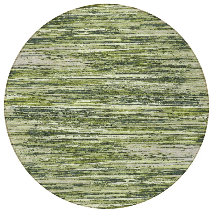 8' Olive Green And Ivory Round Striped Washable Indoor Outdoor Area Rug