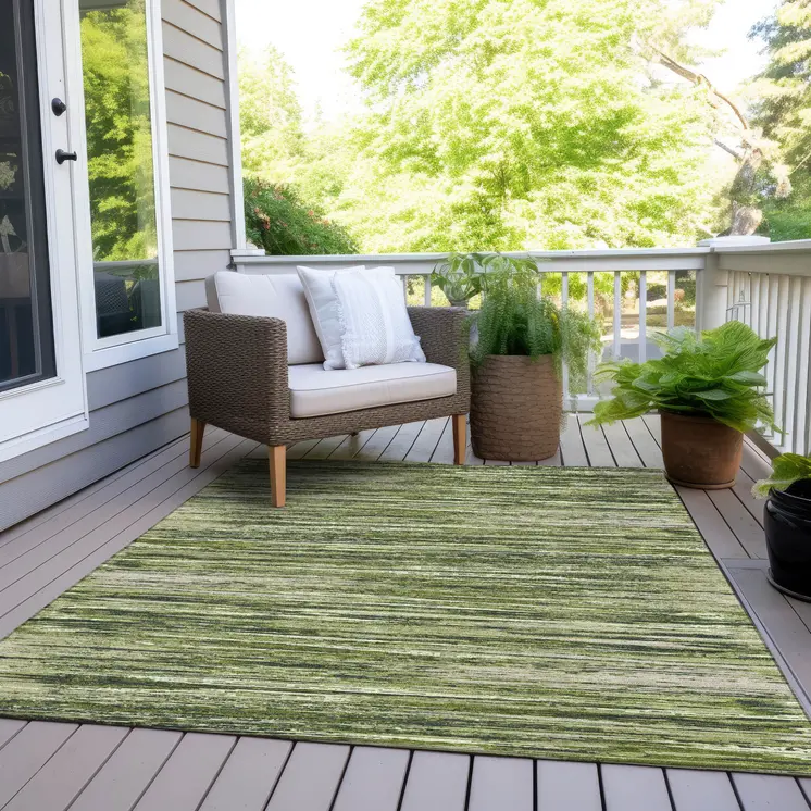 9' X 12' Olive Green And Ivory Striped Washable Indoor Outdoor Area Rug