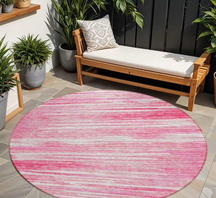 8' Pink And Ivory Round Striped Washable Indoor Outdoor Area Rug