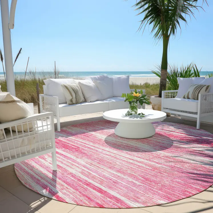 8' Pink And Ivory Round Striped Washable Indoor Outdoor Area Rug