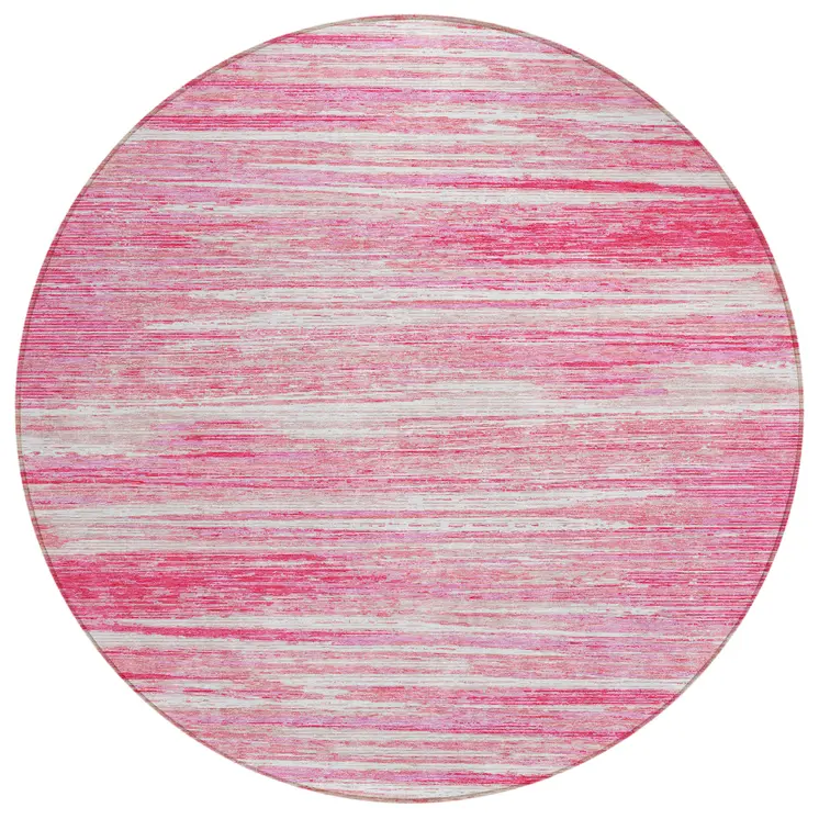 8' Pink And Ivory Round Striped Washable Indoor Outdoor Area Rug